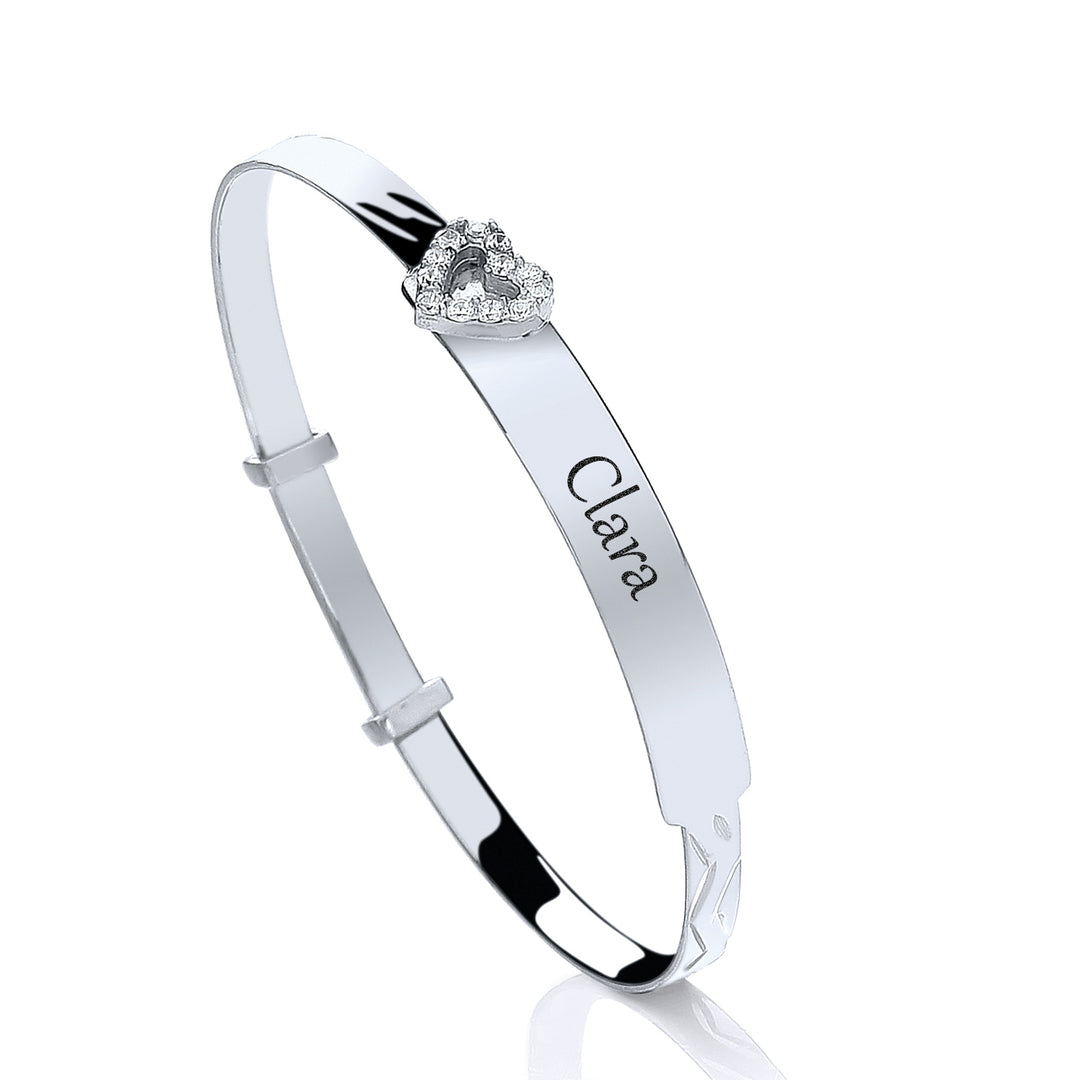 Baby ID with CZ Heart Expandable Bangle In Silver With Free Engraving