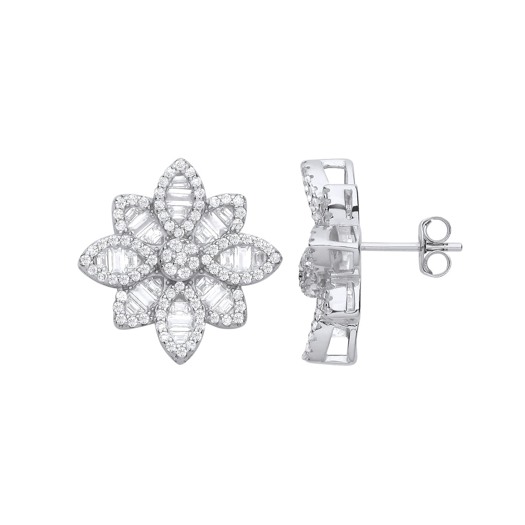 Big CZ Flower Studs In Silver