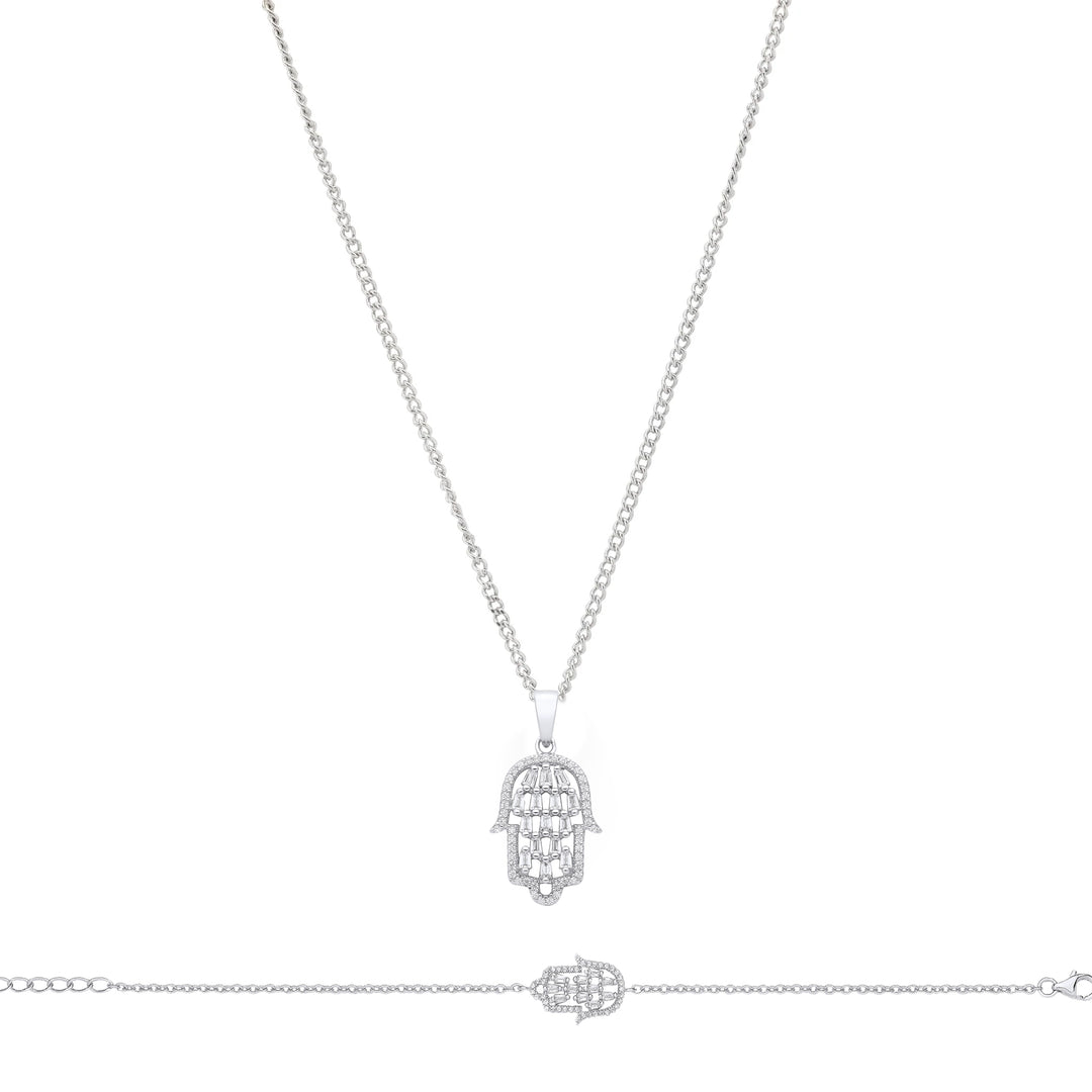CZ Hamsa Hand Necklace And Bracelet Gift Set In Silver