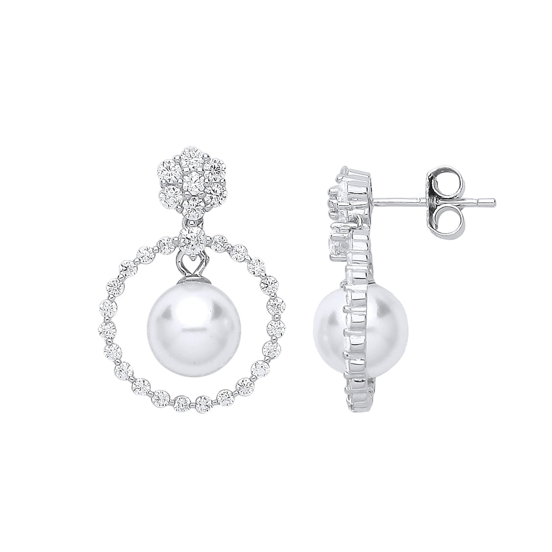 Circle of Life, Pearl & CZ Drop Earrings In Silver