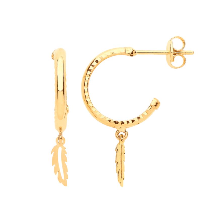 Hoop Studs with Feather Drop In 9ct Gold