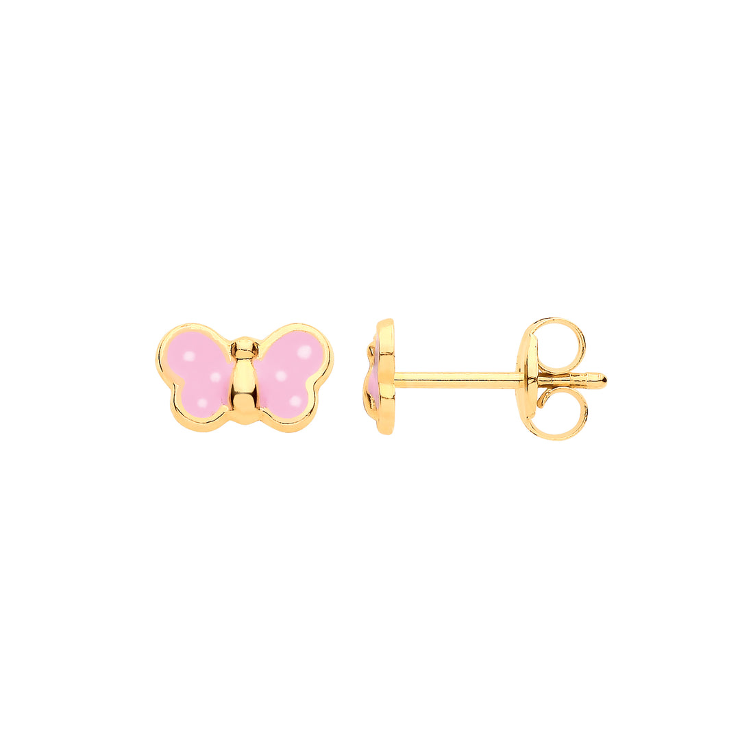 Enamelled Pink Butterfly Studs In 9ct Y/G