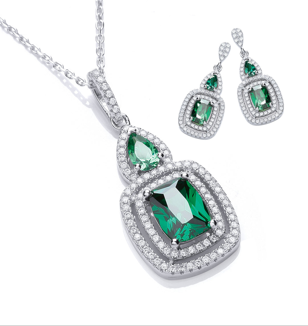 Fancy Micro Pave Emerald Green CZ Necklace And Earrings Gift Set In Silver