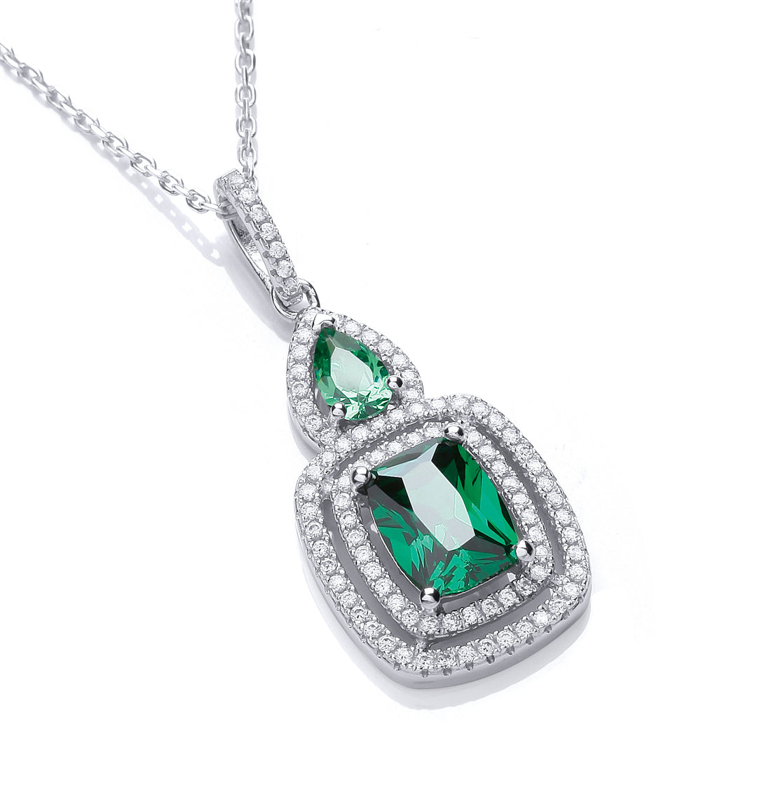 Fancy Micro Pave Emerald Green CZ Necklace In Silver
