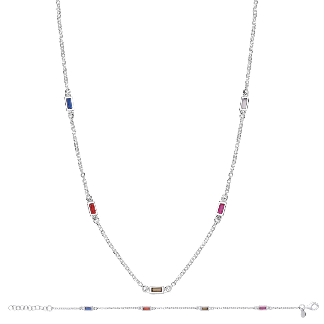 Five Colour CZs Fine Necklace And Bracelet Gift Set In Silver
