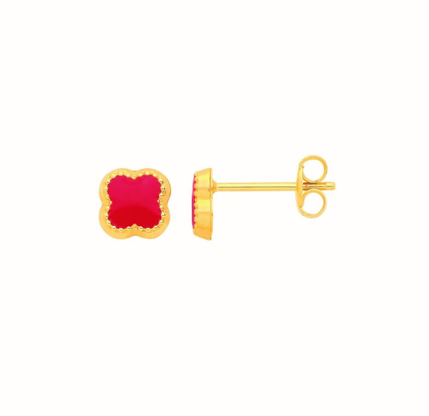 Lucky Four Leaf Clover Red Stud Earrings In 9ct Gold