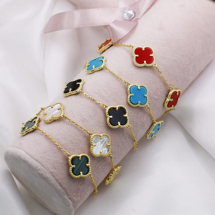 Lucky Four Leaf Clover Blue Bracelet In Gold Plated