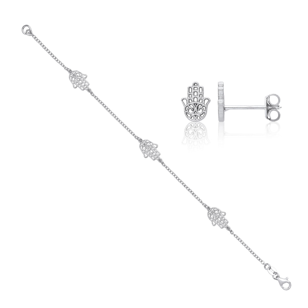 Hamsa Hand Stud Earrings And Bracelet Gift Set In Silver