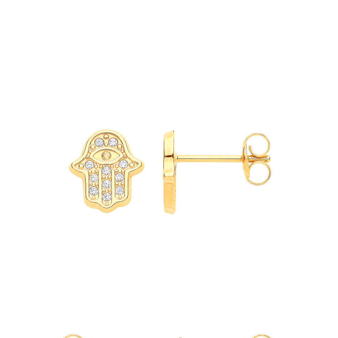 Hamsa with Evil Eye CZ Stud Earrings In 9ct Y/G