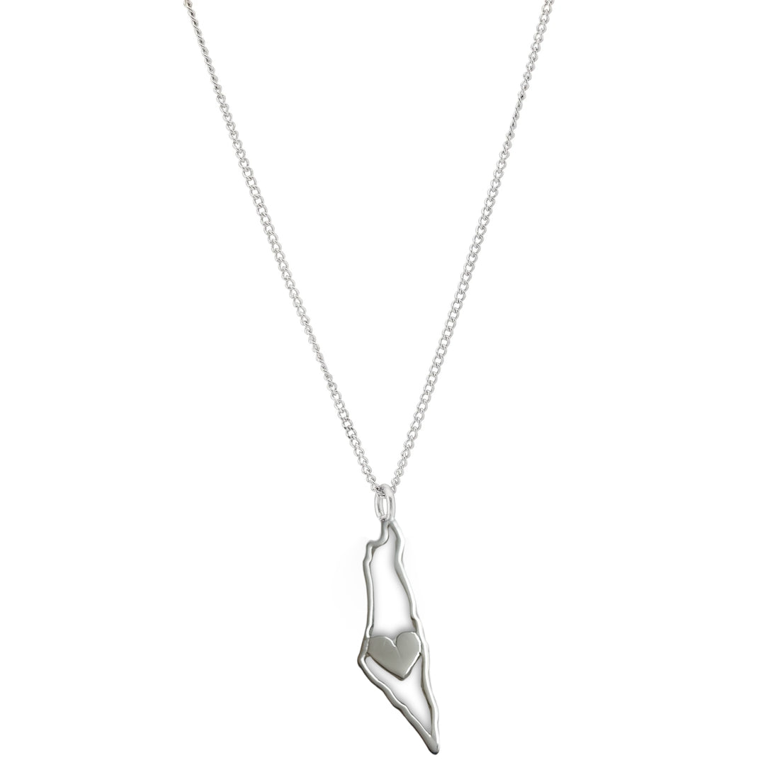 Handcrafted Map Of Israel Necklace With Heart In Silver