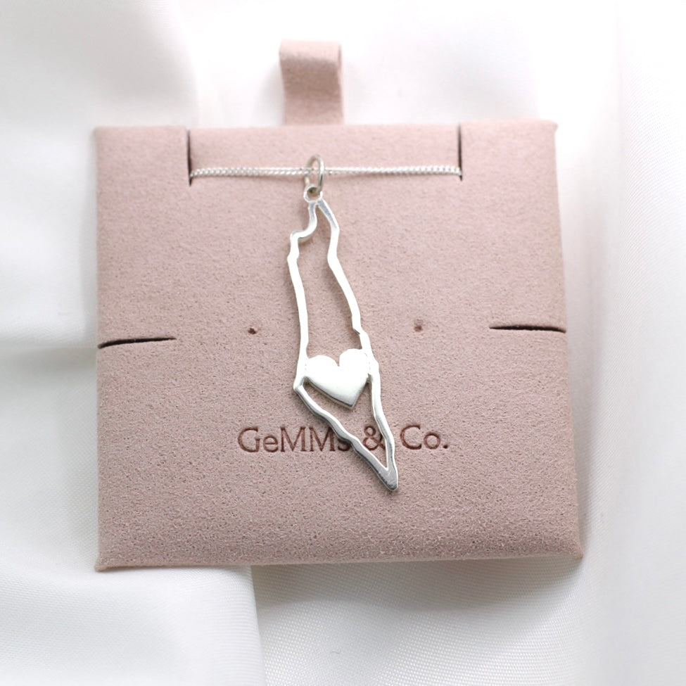 Handcrafted Map Of Israel Necklace With Heart In Silver
