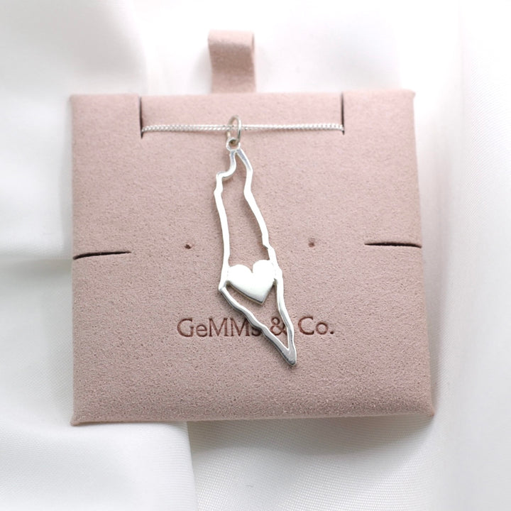Handcrafted Map Of Israel Necklace With Heart In Silver