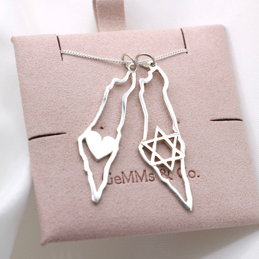 Handcrafted Map Of Israel Necklace With Heart In Silver