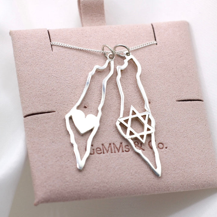 Handcrafted Map Of Israel Necklace With Heart In Silver