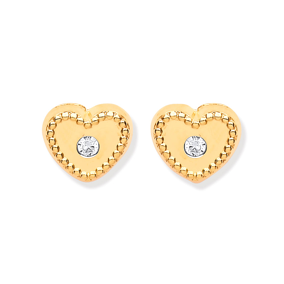 Heart Ribbed Edge with CZ Studs In 9ct Gold