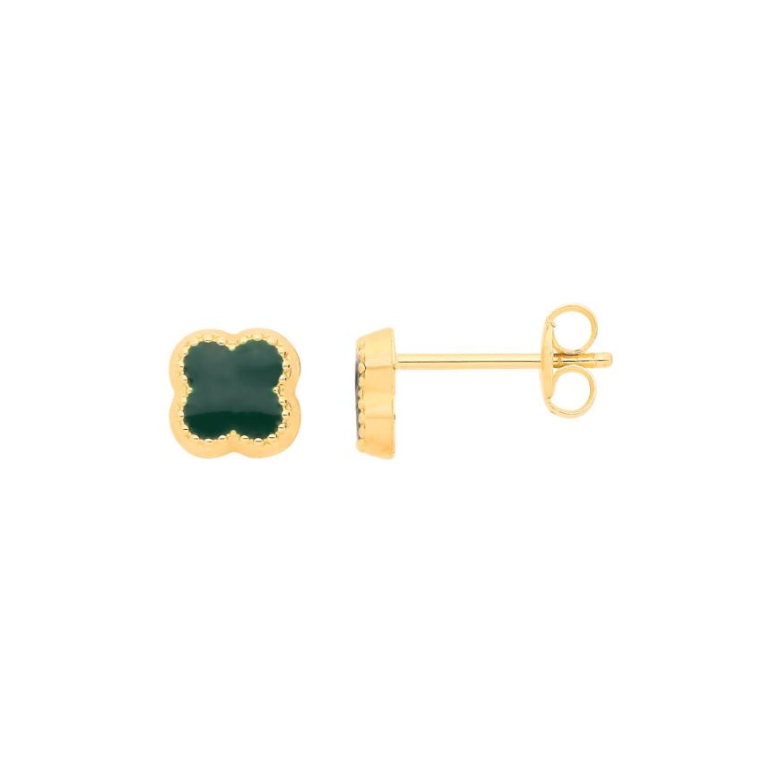 Lucky Four Leaf Clover Green Stud Earrings In 9ct Gold