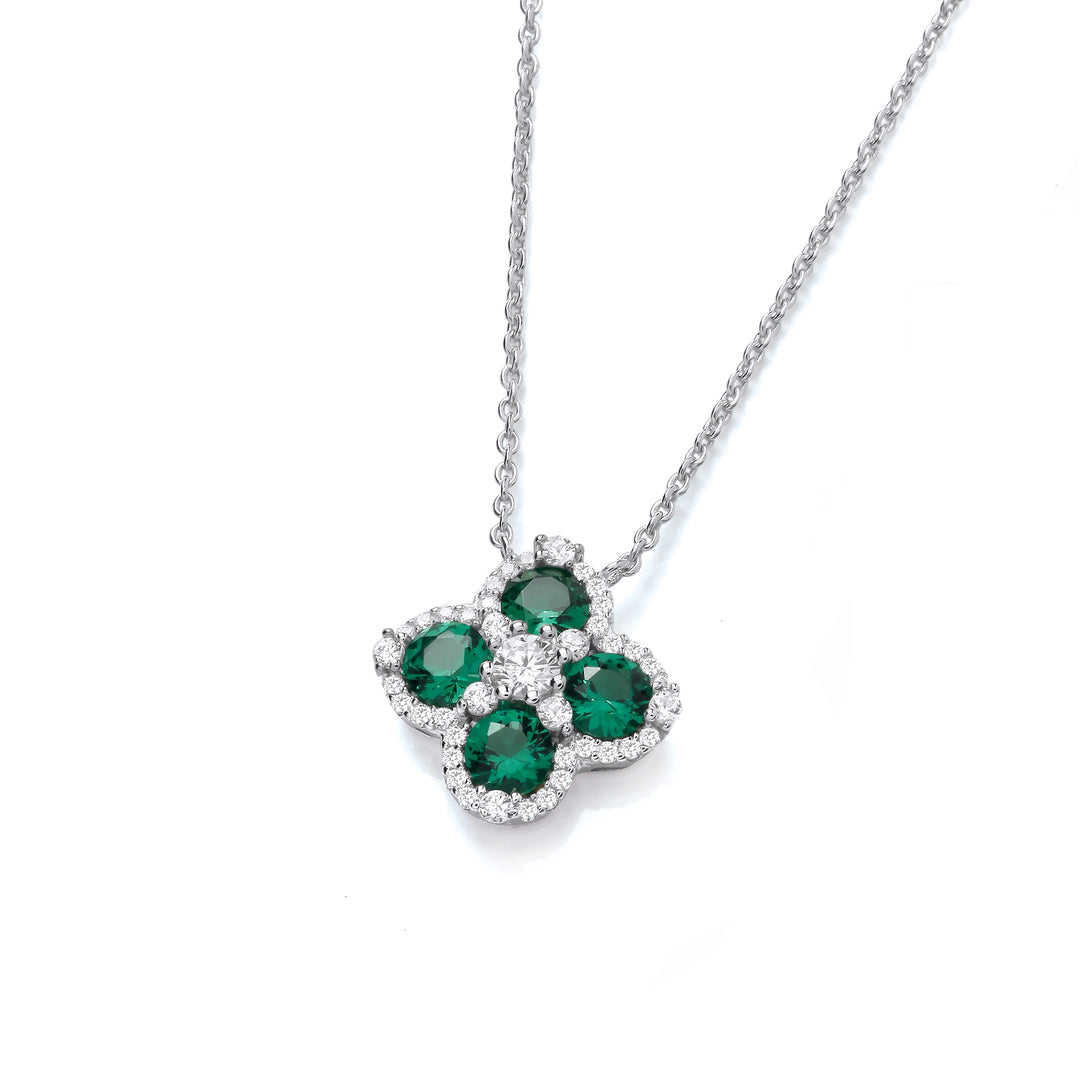 Lucky Green Four Leaf Clover CZ Necklace In Silver