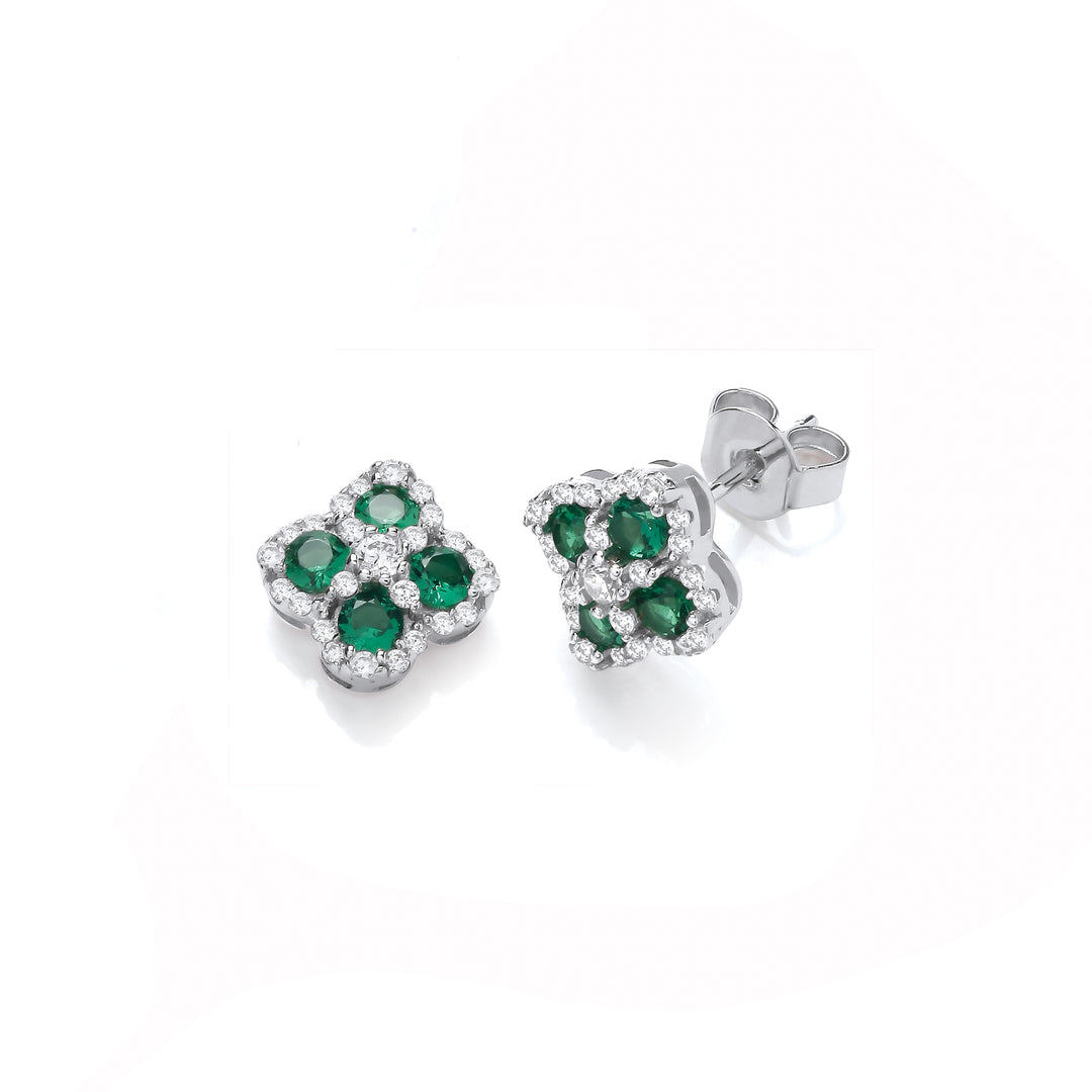 Lucky Green Four Leaf Clover CZ Stud Earrings