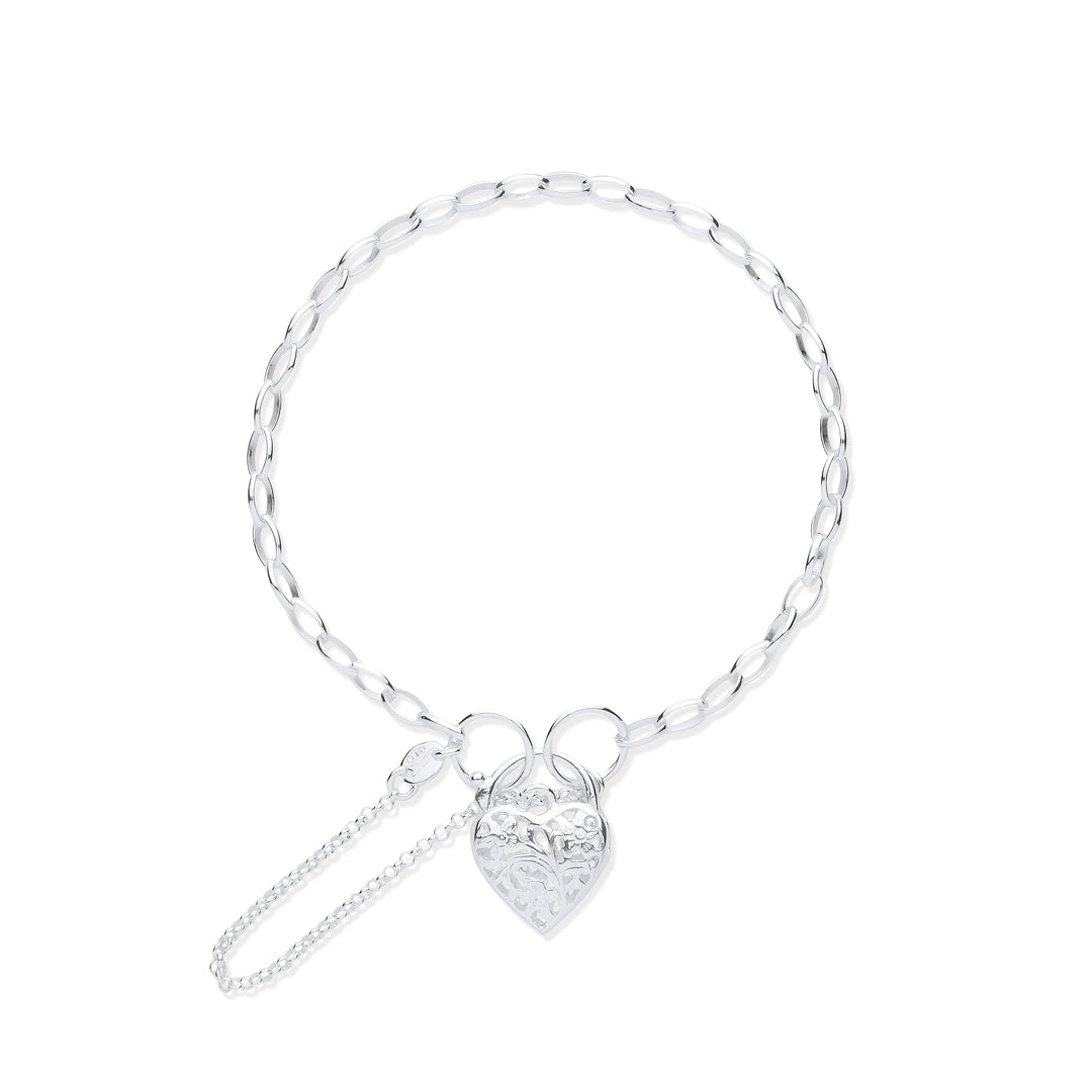 Padlock With Heart Charm Open Link Bracelet In Silver