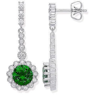 Round Green CZ Long Drop Earrings In Silver