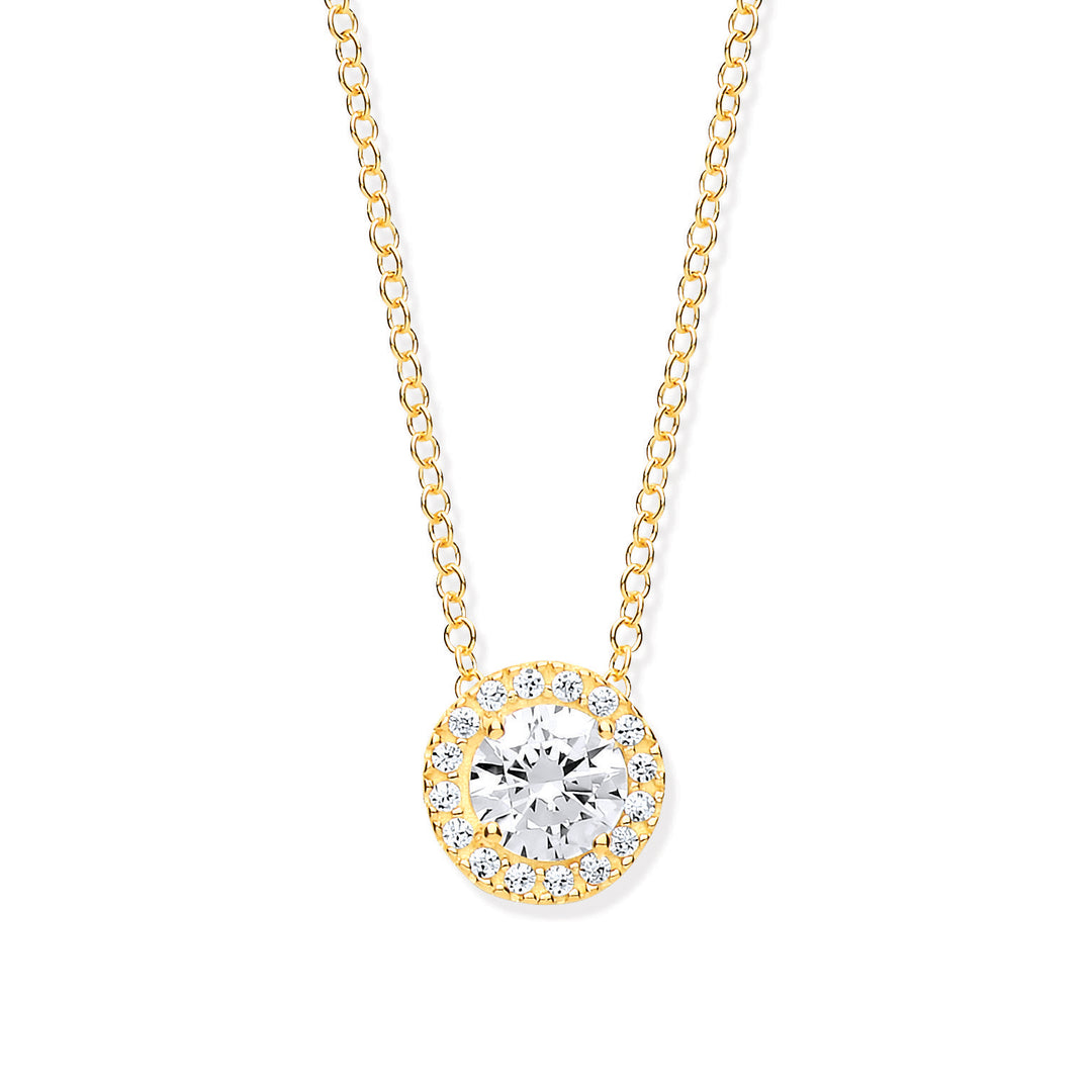 Round Small CZ Halo Necklace In 9ct Y/G