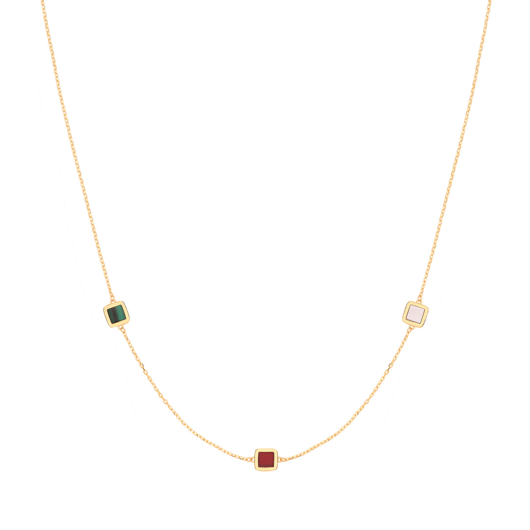 Rubover Squares, White, Red & Green Necklace In YG Gold