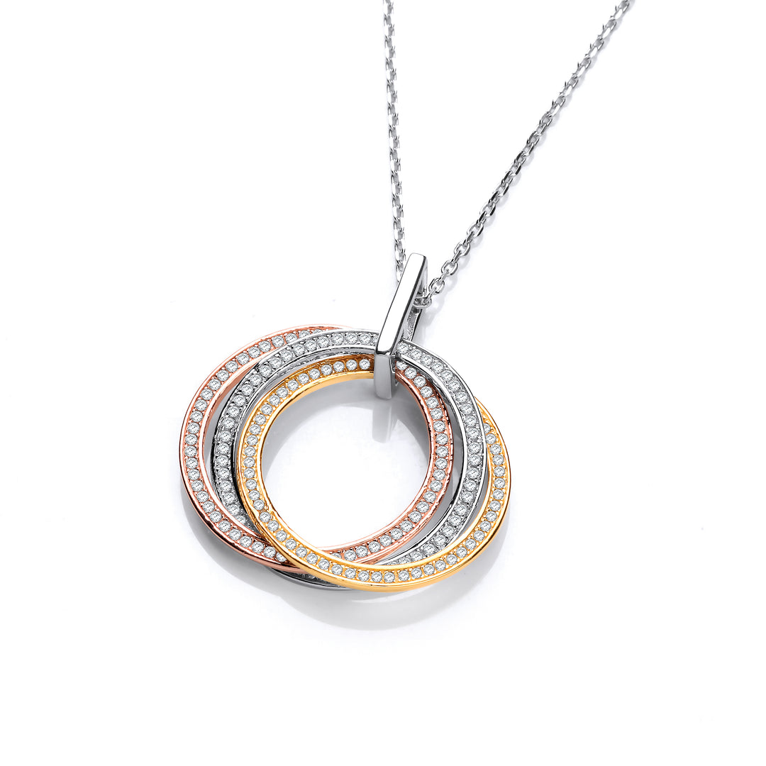Silver, Yellow & Rose Gold Plated CZ Necklace In Silver