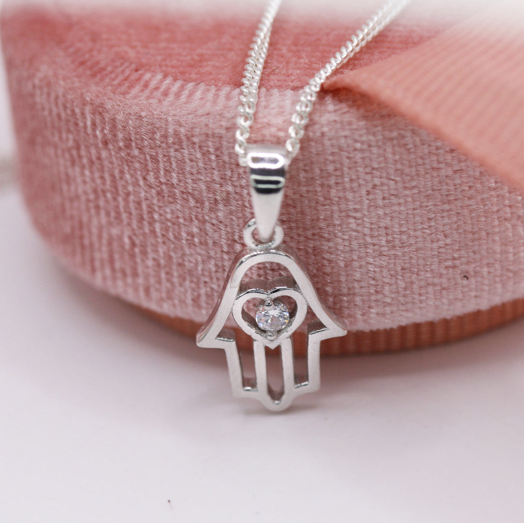 Small Hamsa With Heart And CZ In Centre Necklace In Silver