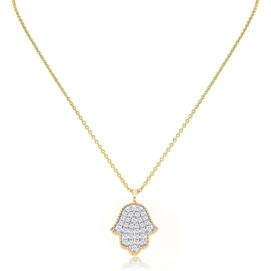 0.30ctw Diamond Hamsa Necklace On Diamond Cut Trace Chain In 9ct Y/G