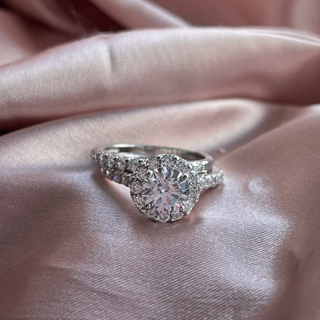 Princess Cut Crystal Bridal Engagement Ring Set in Silver