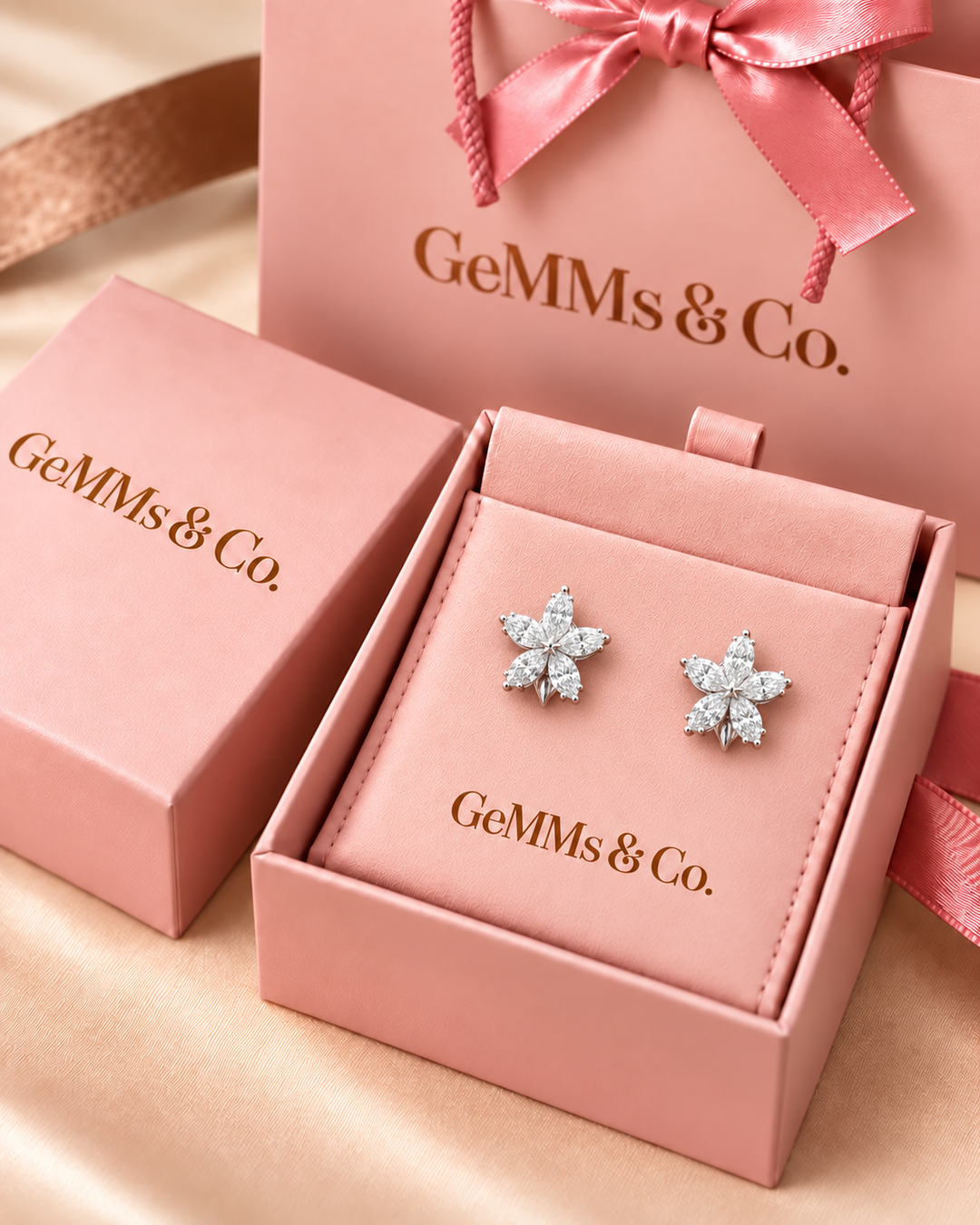 9ct white gold lab-grown marquise flower stud earrings in GeMMs & Co luxury packaging #metal_9ct-white-gold