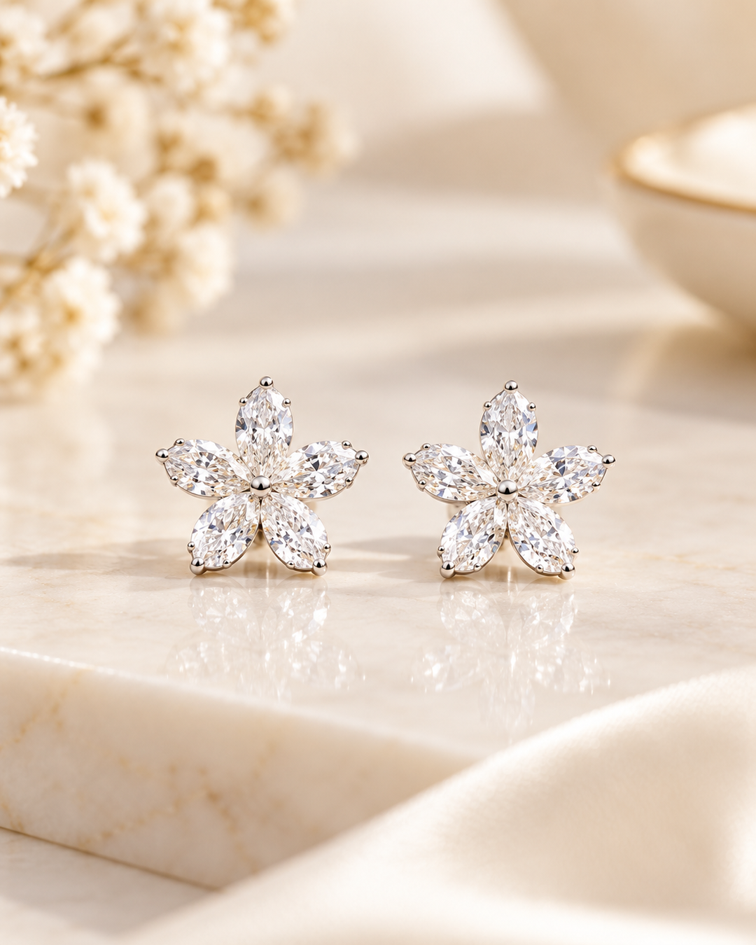 9ct white gold lab-grown marquise flower stud earrings — styled #metal_9ct-white-gold