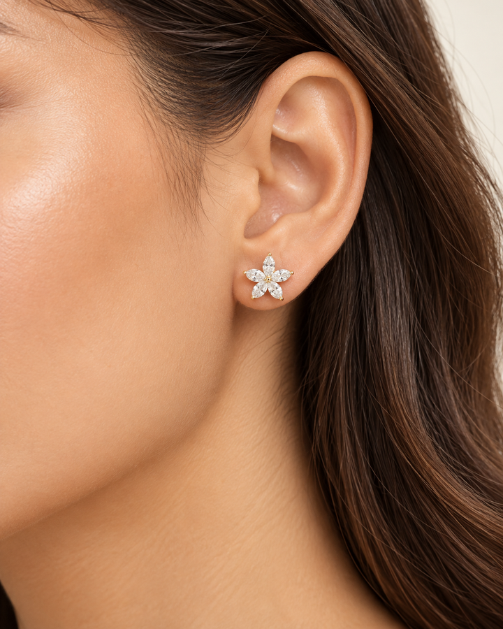9ct yellow gold lab-grown marquise flower stud earrings on model #metal_9ct-yellow-gold