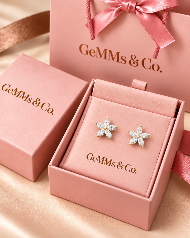 9ct yellow gold lab-grown marquise flower stud earrings in GeMMs & Co luxury packaging #metal_9ct-yellow-gold