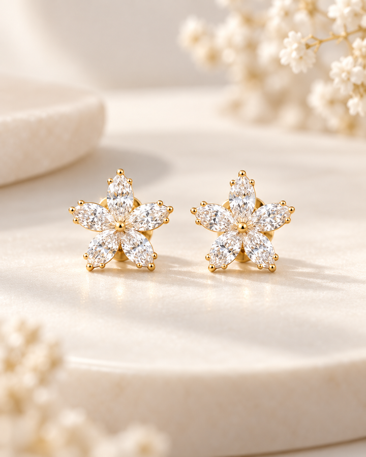 9ct yellow gold lab-grown marquise flower stud earrings — styled #metal_9ct-yellow-gold