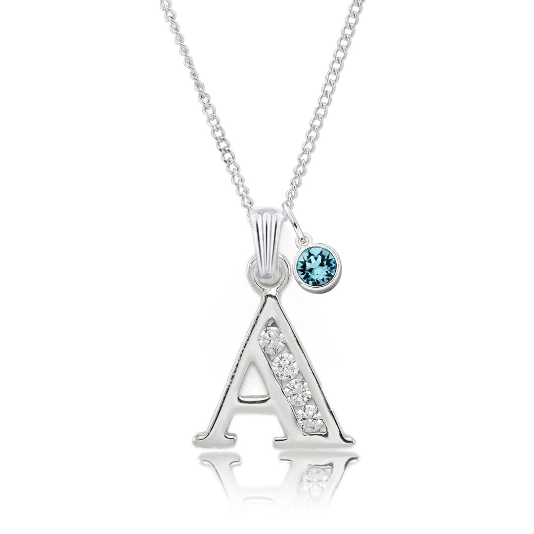Sparkle Alphabet Initial Pendant Necklace in Silver with Birthstone