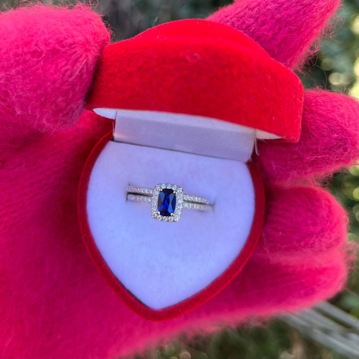 Blue Emerald Cut Eternity CZ Bridal Set Ring