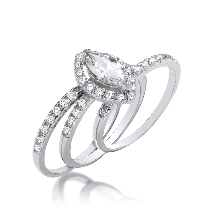 Bridal Set Marquise Halo 3 Rings In Silver