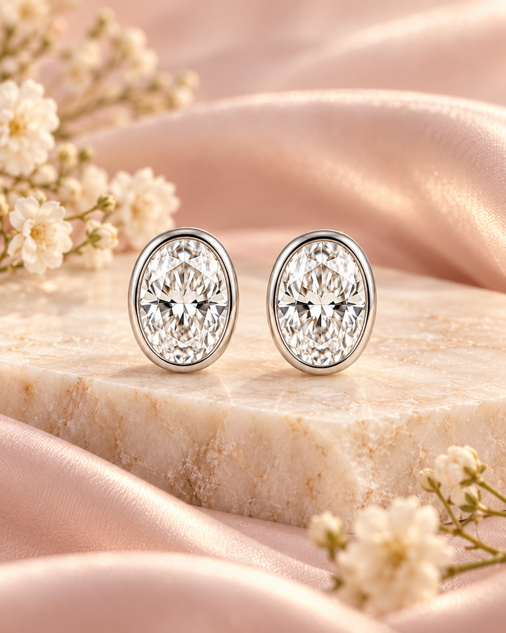 Lab-Grown Diamond Oval-Cut Rub-Over Stud Earrings