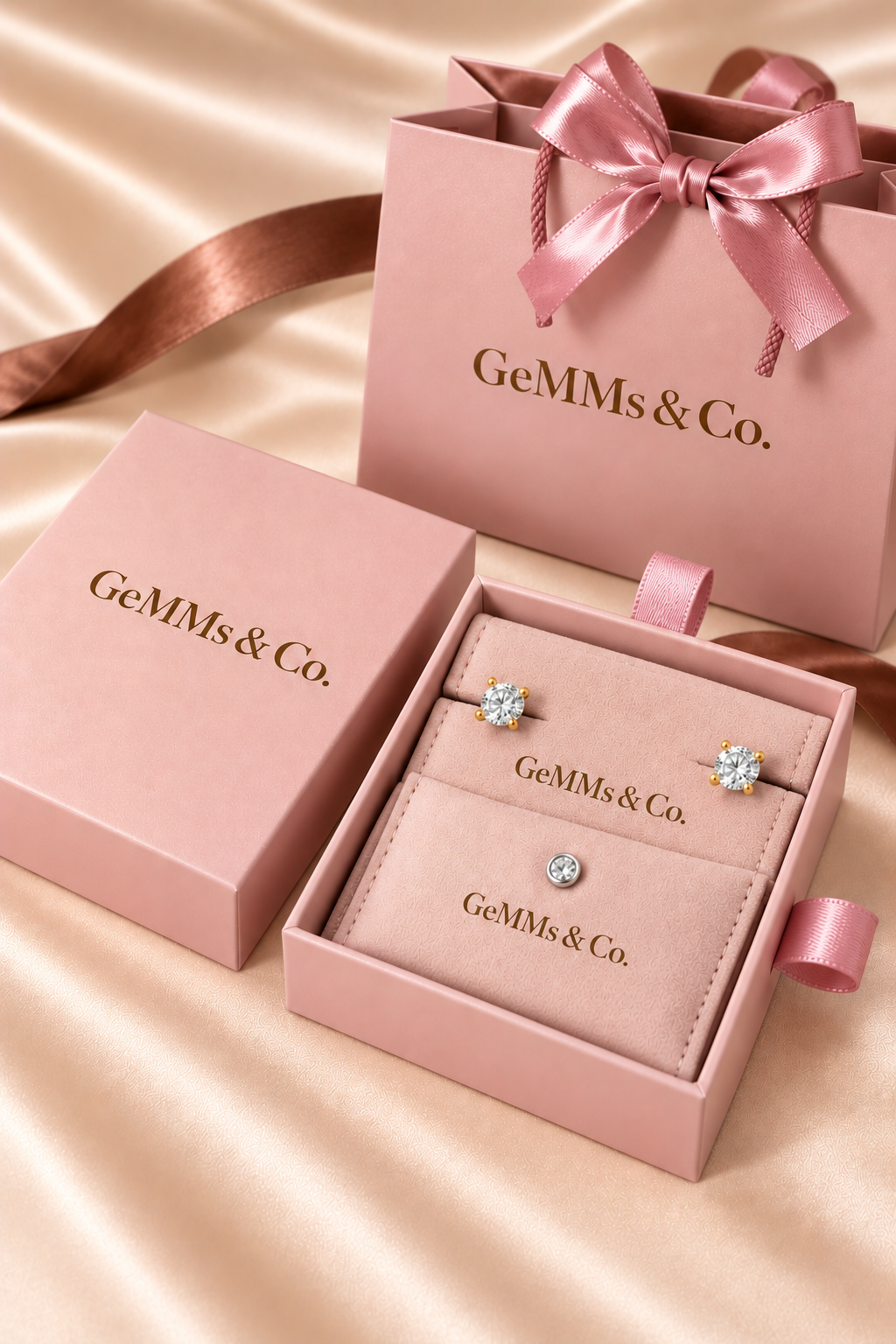 GeMMs & Co. pink gift box with diamond stud earrings