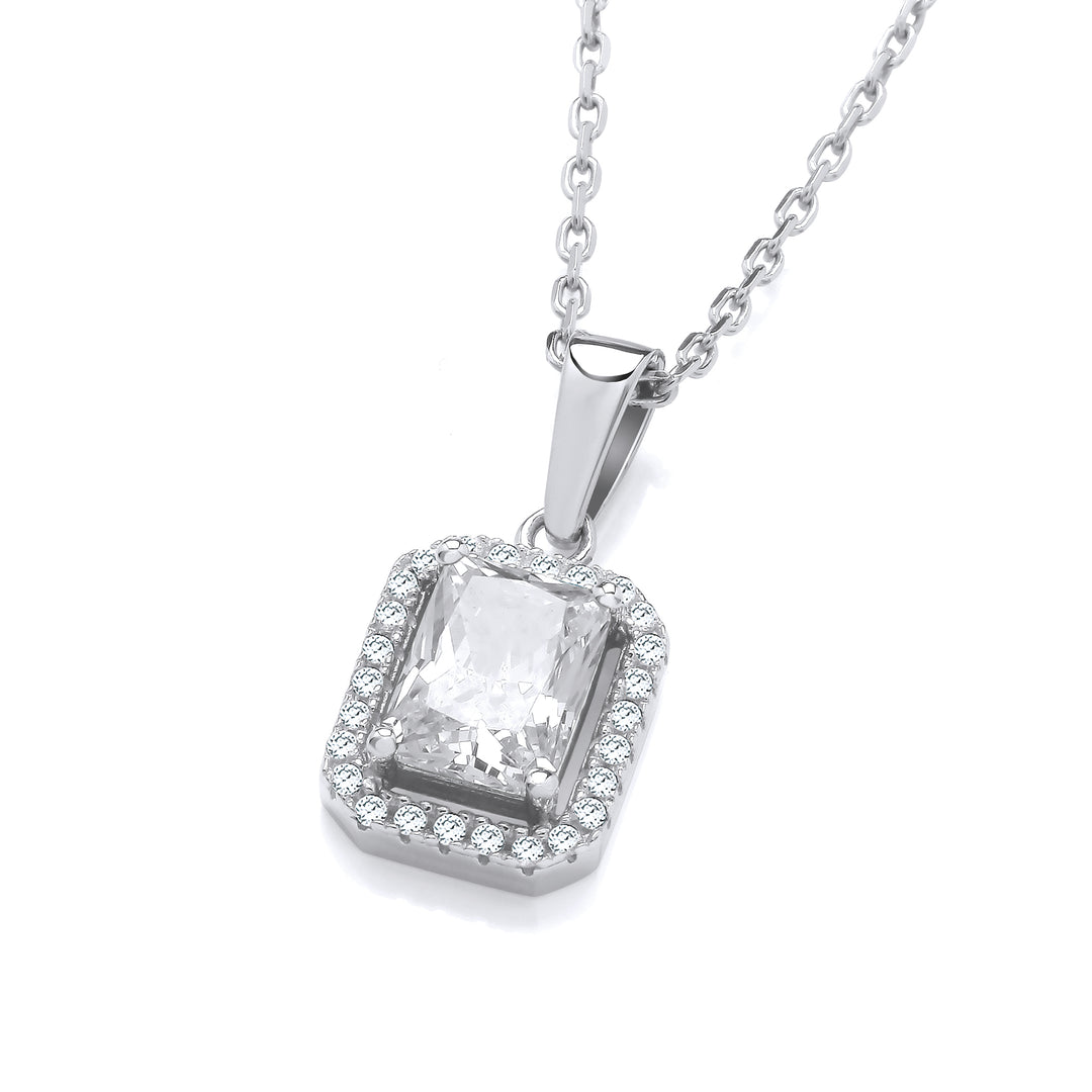 Emerald Cut Crystal Halo Stud Pendant Necklace In Silver