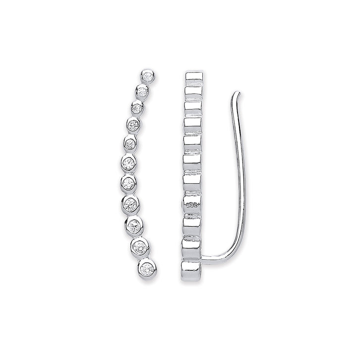 Curved Climber Clear Crystal Earrings in Silver