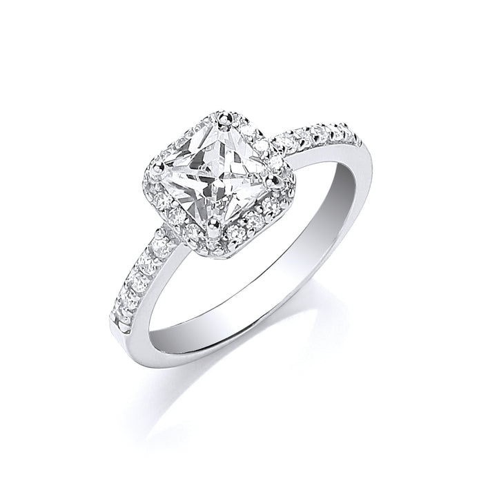 Cushion Cut Solitaire Crystal Halo Ring in Silver