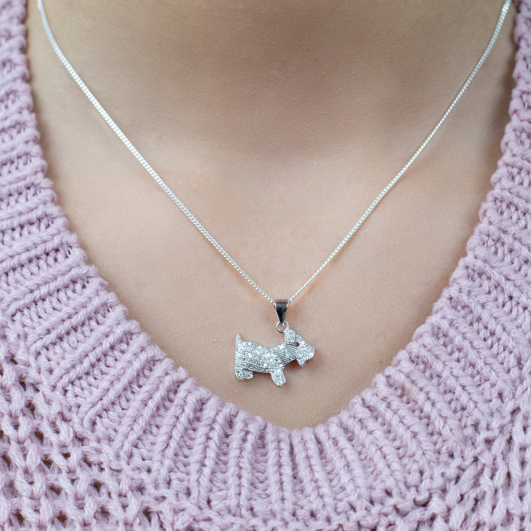 Dog Crystal Pendant Necklace in Silver