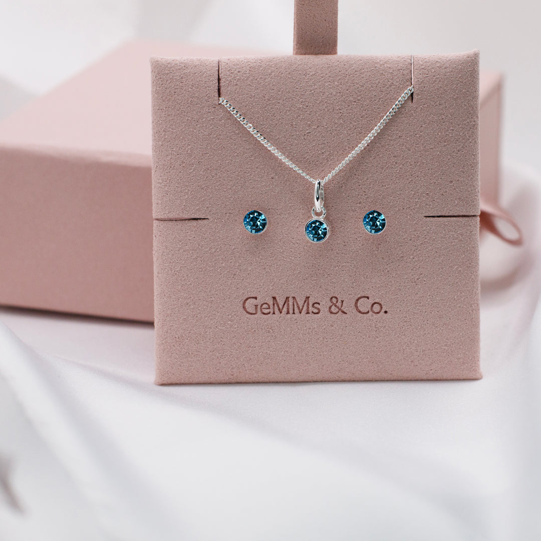 Birthstone Earrings and Necklace Set in Silver