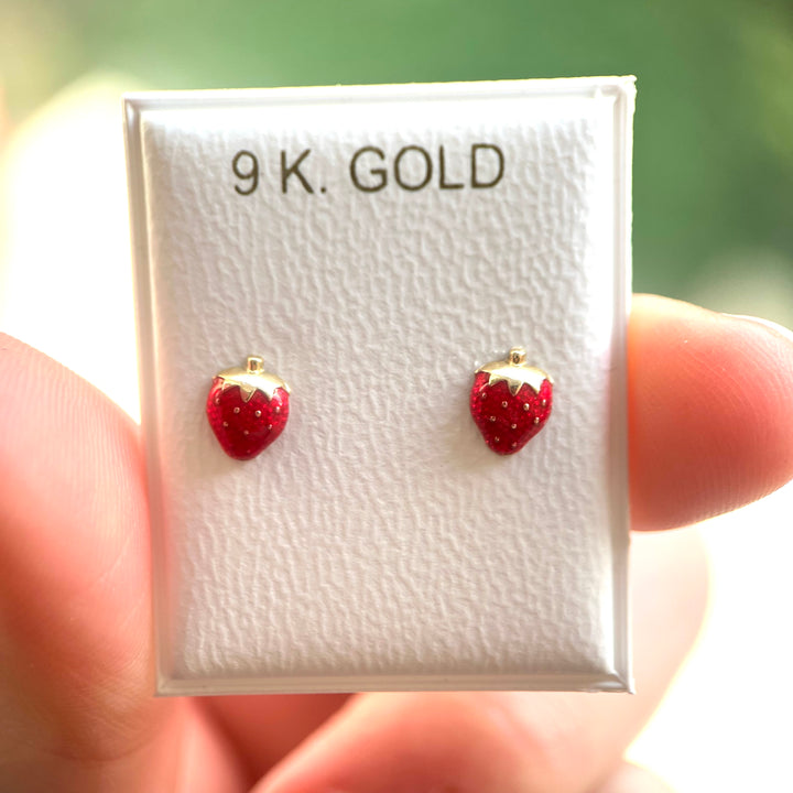 Enamelled Strawberry Baby Stud Earrings In 9ct Gold