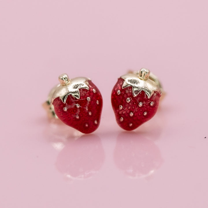 Enamelled Strawberry Baby Stud Earrings In 9ct Gold