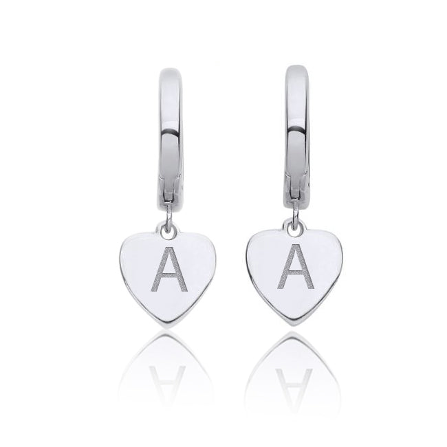 Engraved Initial Heart Charm Hinged Huggies Earrings In Silver