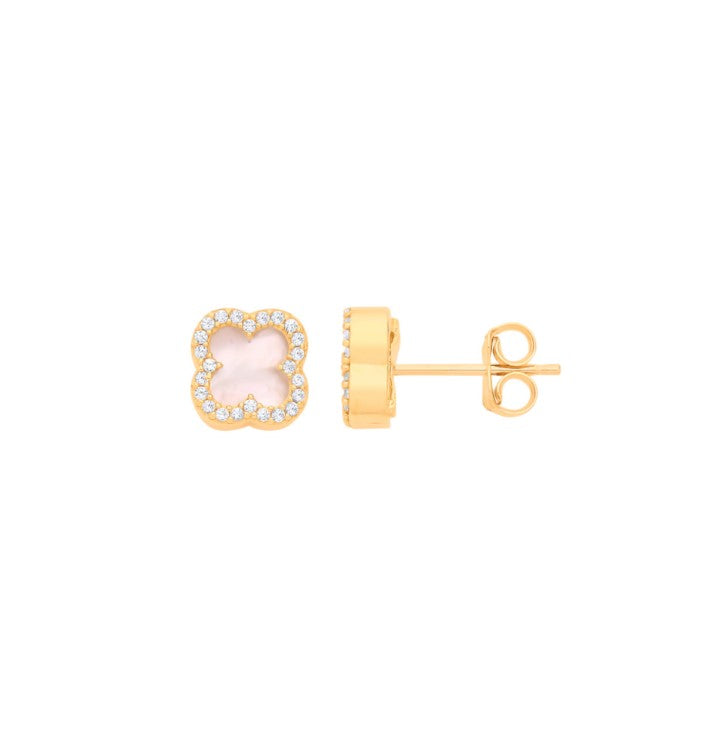 crystal pearl clover earrings in gold