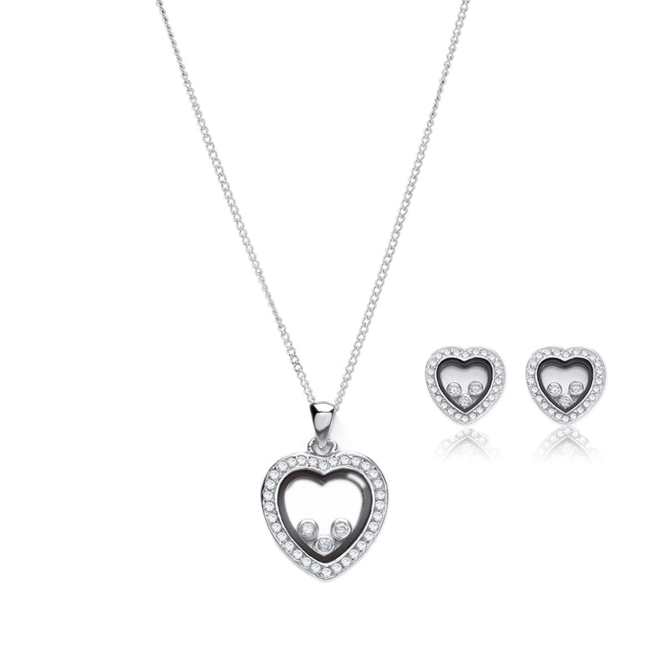 Floating Crystals Heart Stud Earrings and Necklace Set in Silver